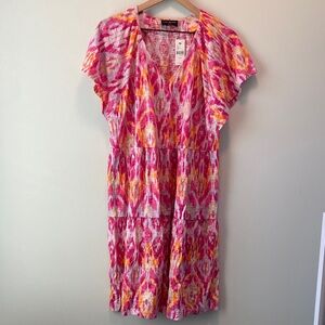 Lane Bryant Pink and Yellow Ikat V-Neck Tiered Midi Dress